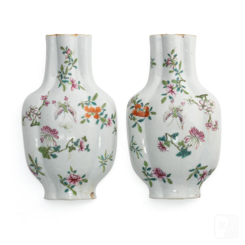 A pair of famille rose 'floral' wall vases,
